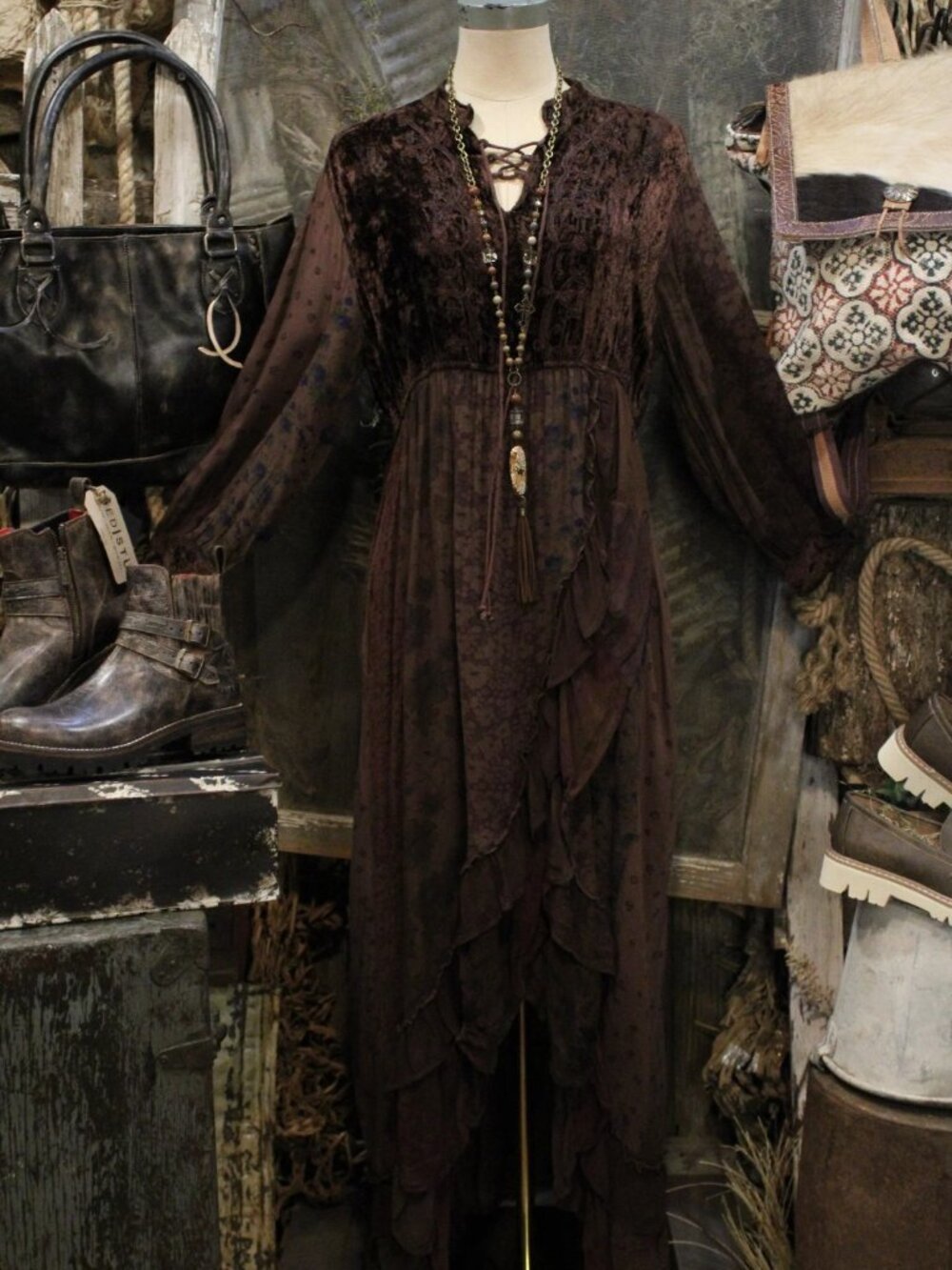 Young Threads Boho Mixed Midi Brown Ruffled Wrap Patchwork Velvet Embroidered